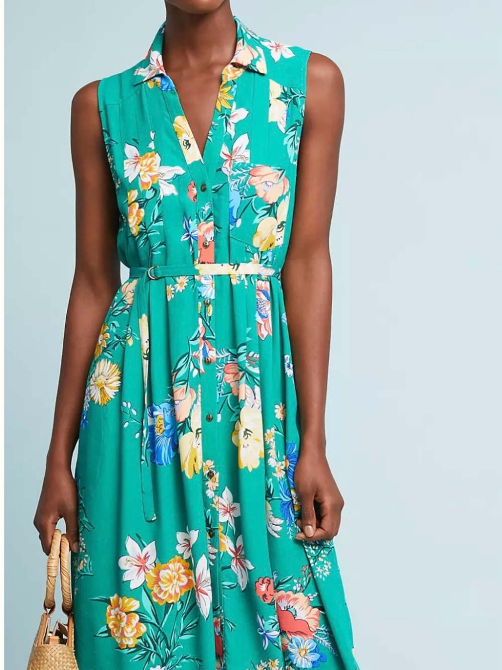 MaEve by Anthropologie Turquoise Floral Midi Shirt Dress